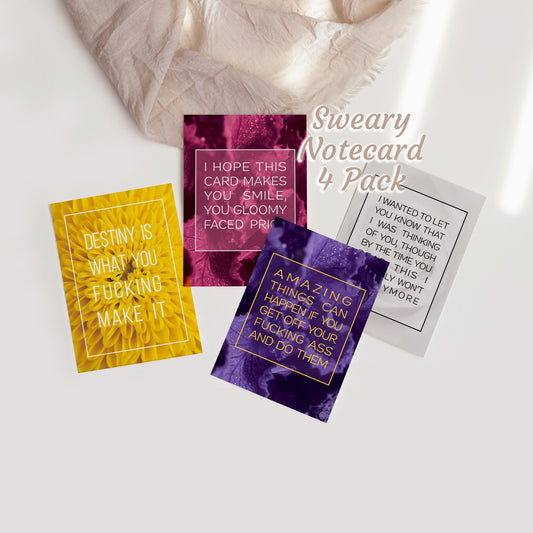 The Sweary Affirmation Shop - Sweary Affirmation Notecards - Pack of 4, Blank Greeting Card Set, Flower Art Cards, Just Because Cards, Funny Quotes and Insults